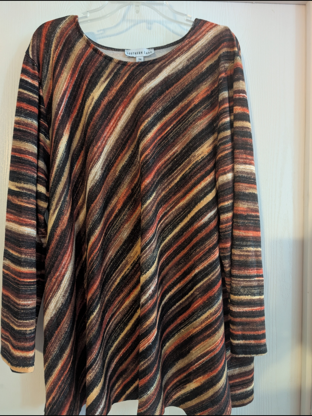 Southern Lady Diagonal Multicolor Scoop Neck Sweater — Rust, Black & Cream